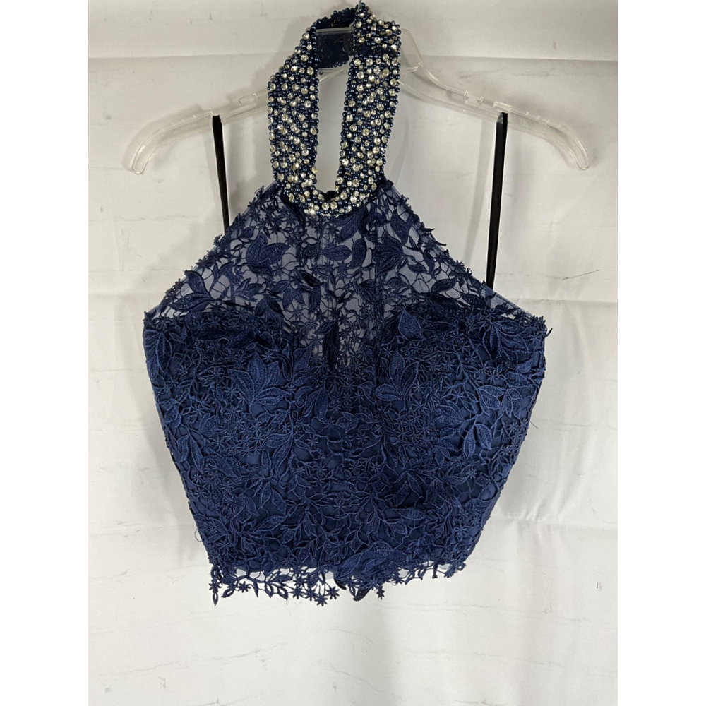 Jovani Beaded Halter Neck Formal Gown Navy Blue Lace Crystals Size 12 Used - Picture 9 of 9